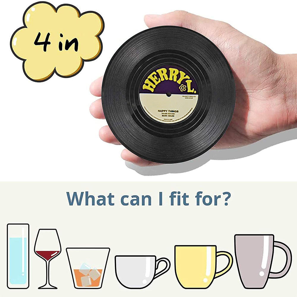 Set of 6 Vinyl Coasters for Drinks Music Coasters with Vinyl Record Player Holder Retro Record Disk Coaster Mug Pad Mat Creative