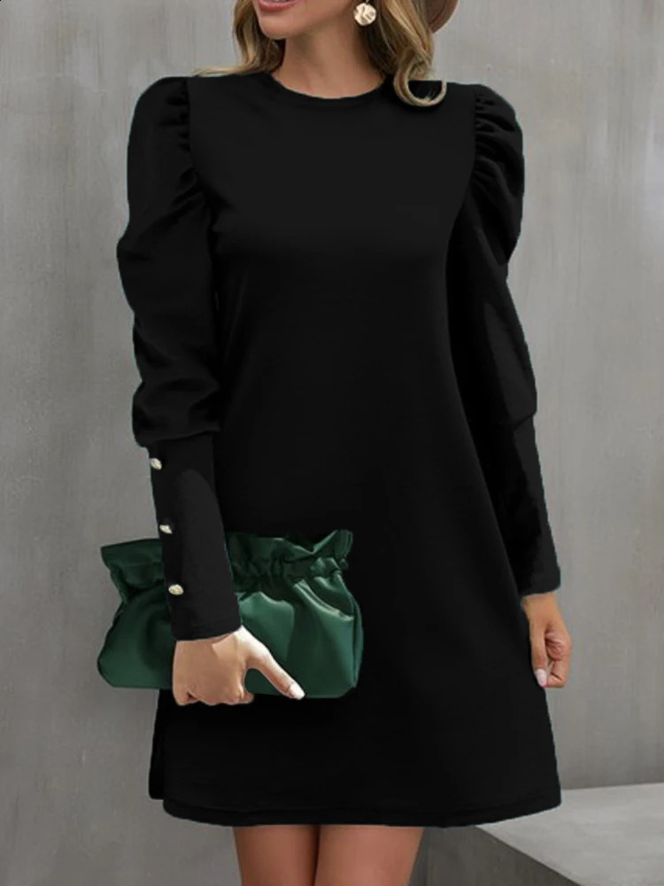 Autumn Elegant Party Dresses Woman Casual Loose Solid A Line Midi O Neck Long Sleeve Sweatshirts Female Black Dress 241218