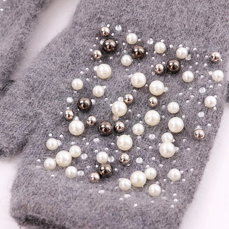 Winter Rabbit Fur Thicken Warm Knit Gloves Fashion Women Elasticity Diamonds Pearl Half Finger Touch Screen Gloves H22 241225