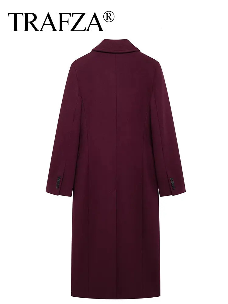TRAFZA Women Elegant Burgundy Woolen Coat Double Breasted Turn Down Collar Windbreaker Jacket Fashion Lady High Street Outerwear 241225