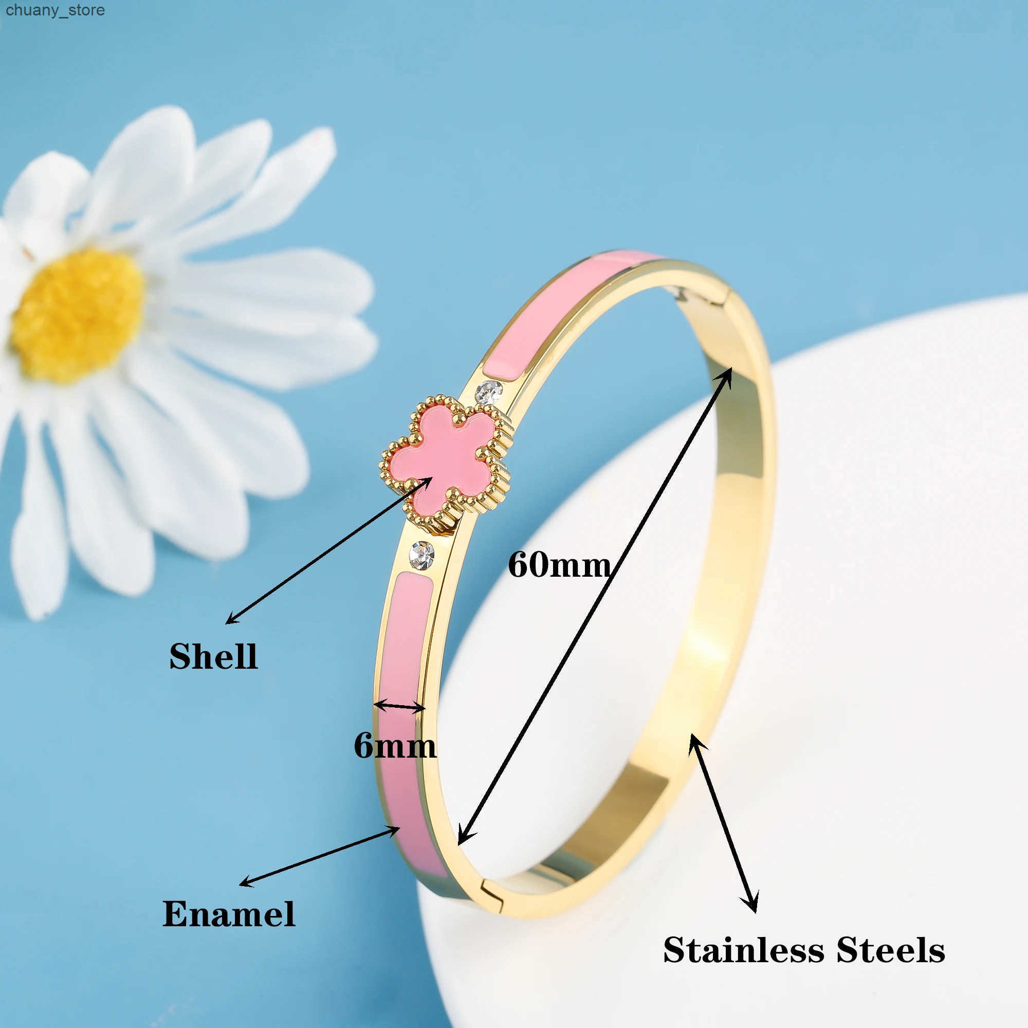 Chain New Arrival Stainless Steel Oil Drop Shell Five Leaf Flower Open Bangle for Man Woman Fashion Party Classic Jewelry Clover 2025 L240910