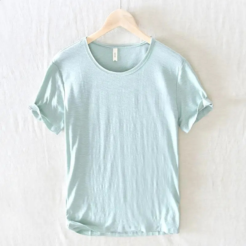 Cotton 100 Summer High end Boutique Mens Casual Round Neck Short sleeved Tshirt Pure Color Male Thin 241223