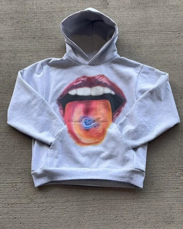 American Retro Tongue Printing Hooded Pure Cotton Sweatshirt Mens and Womens Loose Top streetwear haikyuu Y2K clothing promo 241224