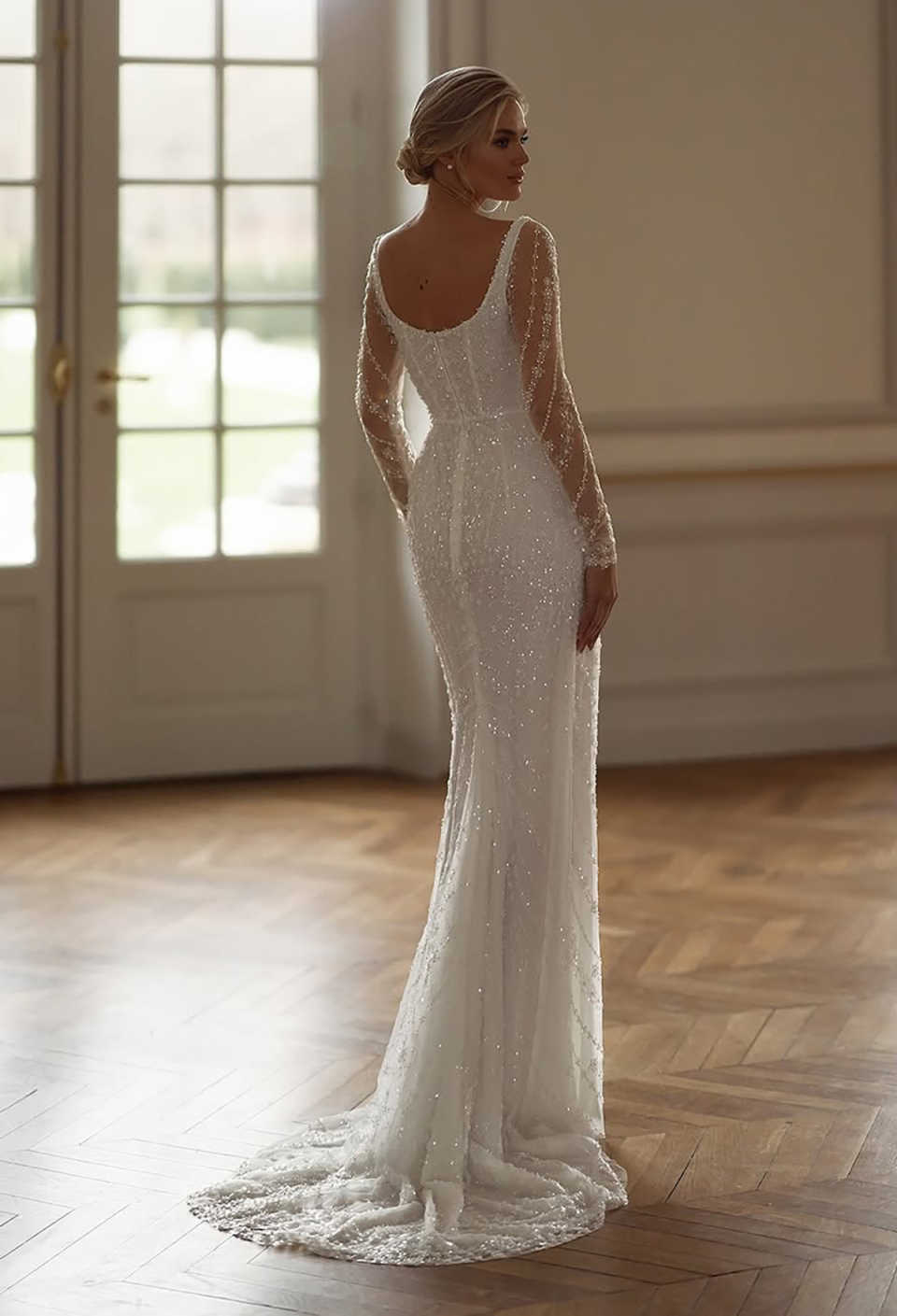 A Simple E Bridal Dress Sequins Appliques Wedding Sweetheart Neck Long Sleeves Split Side Gown Sweep Train Customized Dresses Vestido De Novia Pplique