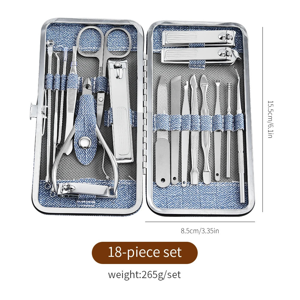 18pcs Professional Manicure Pedicure Kit with Nail Clippers Files Ear Spoon - Portable Grooming Set in Faux Leather Case fo 241225