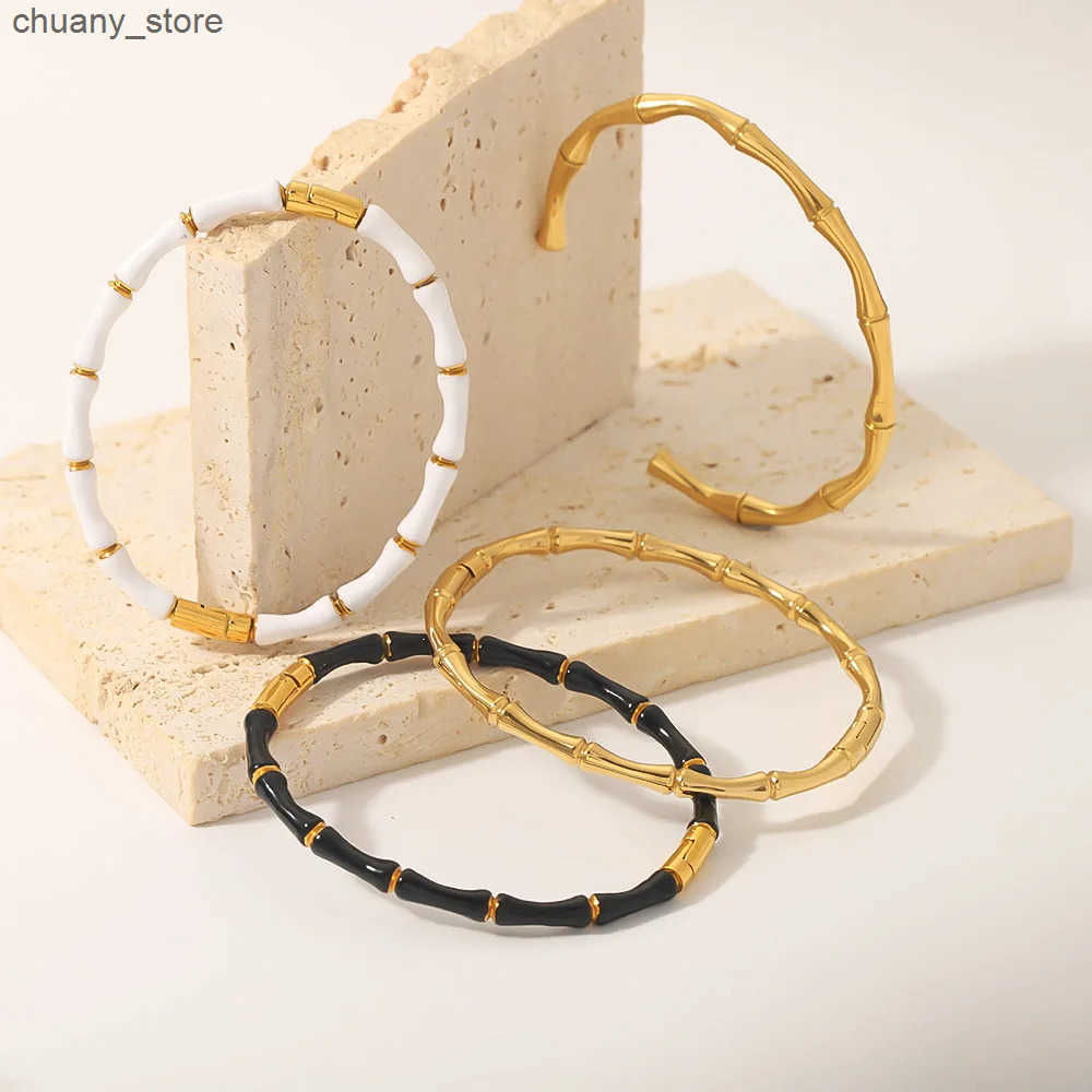 Chain Stylish Skeleton Bangle Gold-Plated Bamboo Bead Enamel Color s for Women Stainless Steel Punk Style Jewelry Party Gift L240910