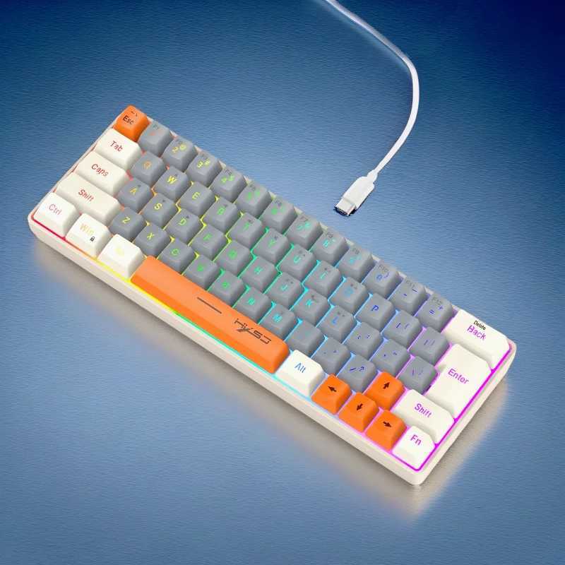 Keyboard RGB USB wired 63 keys gaming gamer compact mini pc keyboards for tripsofficegames business key board (Grey Orange)XJ241225