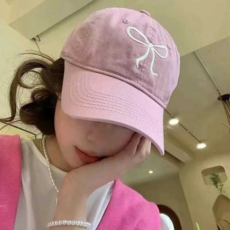Korean Bow Baseball Hat Womens Y2K Pink Bow Embroidered Snap Cap Summer Adjustable Soft Top Foot Cap W241225