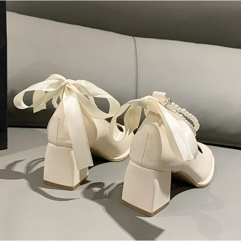 Womens High Heels Bow Tie Thick Heel Square Toe Womens Shoes Shallow Mouth Mary Jane Shoes Fashion Party Shoes Zapatos 241225