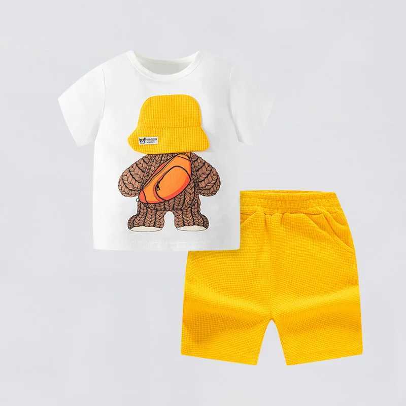 Clothing Sets Summer Baby Girl Boy Cloth Children Sports Cartoon Bear Tshirt and Shorts Set Kid Knit Hat Short Sleeve Top Buttom 2pcs OutfitsY241225KJ