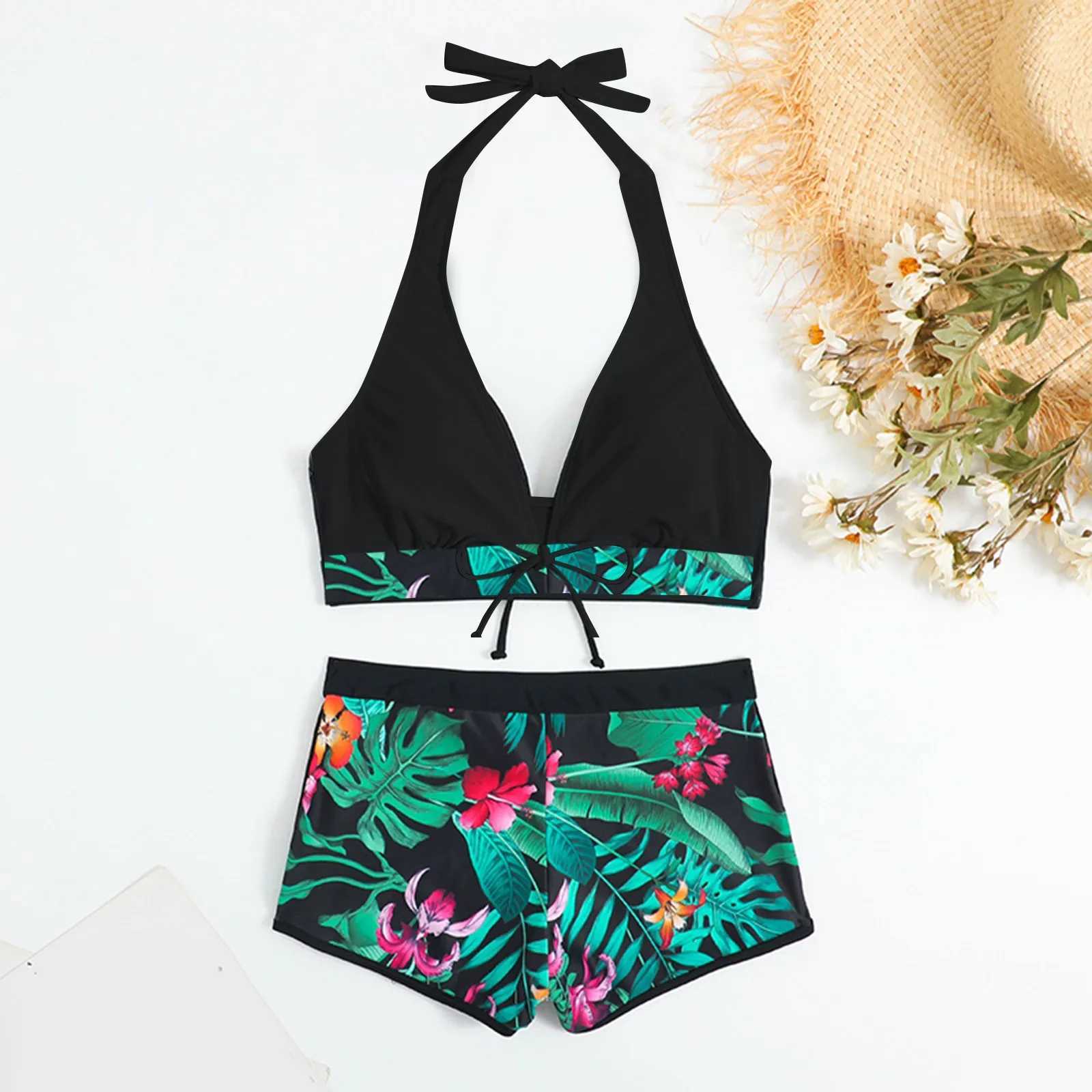 Teenage bikini set cheap womens swimsuit bikini tropical printed swimsuit womens swimsuit shorts two piecesW241225