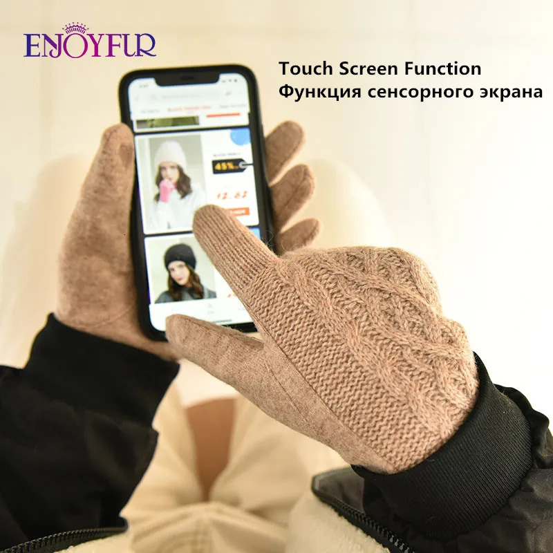 ENJOYFUR Women Winter Touch Screen Gloves Fashion Sexy Plaid Wool Knit Mittens Thick Warm Windproof Sports Female Autumn Gloves 241225
