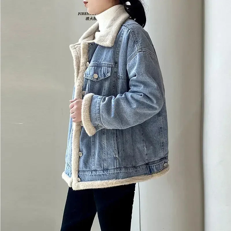 Outerwear Wool Inside Patchwork Padded Denim Jacket for Women Winter Cold Long Trench with Fur Plush Warm Woman Jean Coat 241220