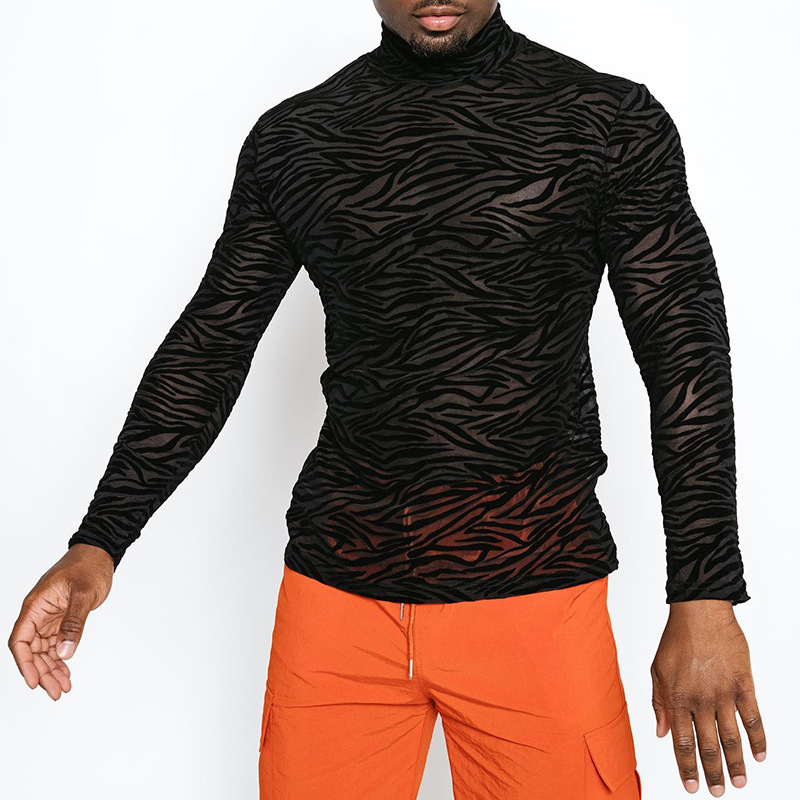 Mens T Shirts mesh see through black tshirt men shirts long sleeve leopard stripes bodycon slim fit streetwear high neck fashion party male