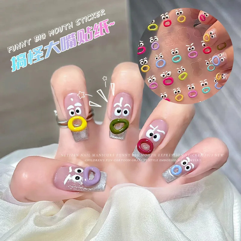 1pc Kawaii False Nails Stickers Full Cover Mouth Monster Press On Nail Art Sticker Ins Style Waterproof Peelable Nail Stickers 241225