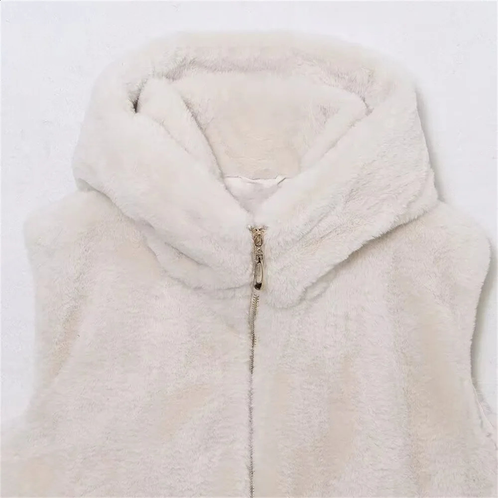 UNIZERA loose sleeveless hooded solid color fur vest autumn and winter zipper jacket for women 241220