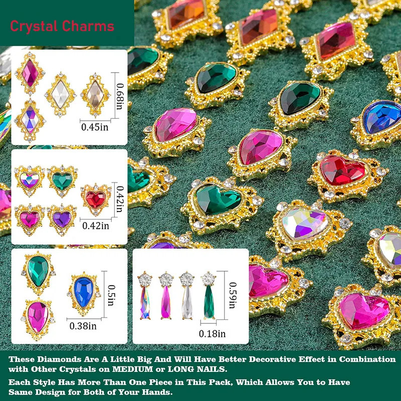 Nail Rhinestones 240Pcs Big Charms Silver 3D Crystals Iridescent AB Diamonds Gold Metal Frame for DIY Crafts Nail Art 241225