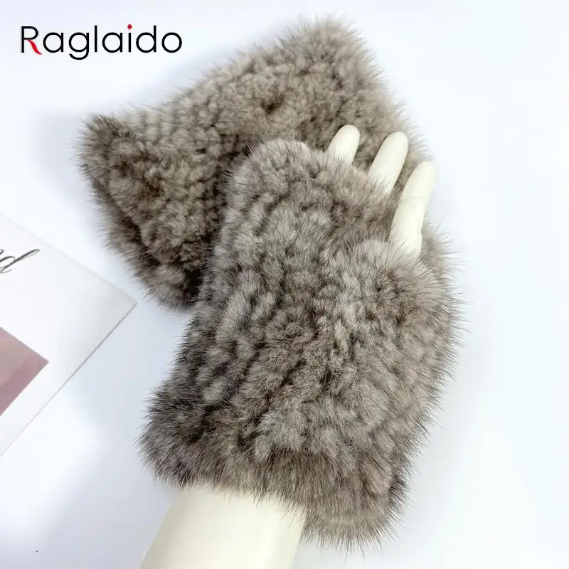 Real Mink Fur Fingerless Gloves for Women Girls Natural Fur Knitted Mittens Warm Soft Winter Gloves 241225