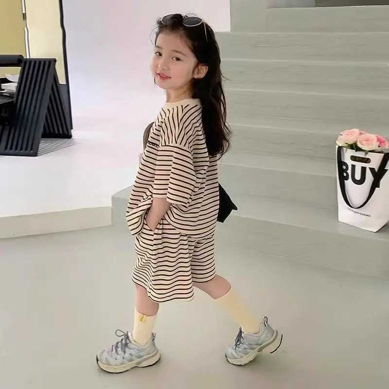 Clothing Sets Summer Children Girls Clothes Set Kid Crew Neck Stripe T-shirts and Shorts 2 Pieces Suit Fashion Top Bottom Outfits TracksuitsY241225K37
