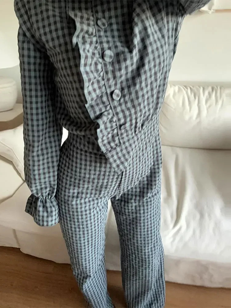 Women Vintage Plaid Ruffle Hem Button Jumpsuits Single Breasted Long Sleeve High Waist Jumpsuit Spring Lady Commuting Streetwear 241225