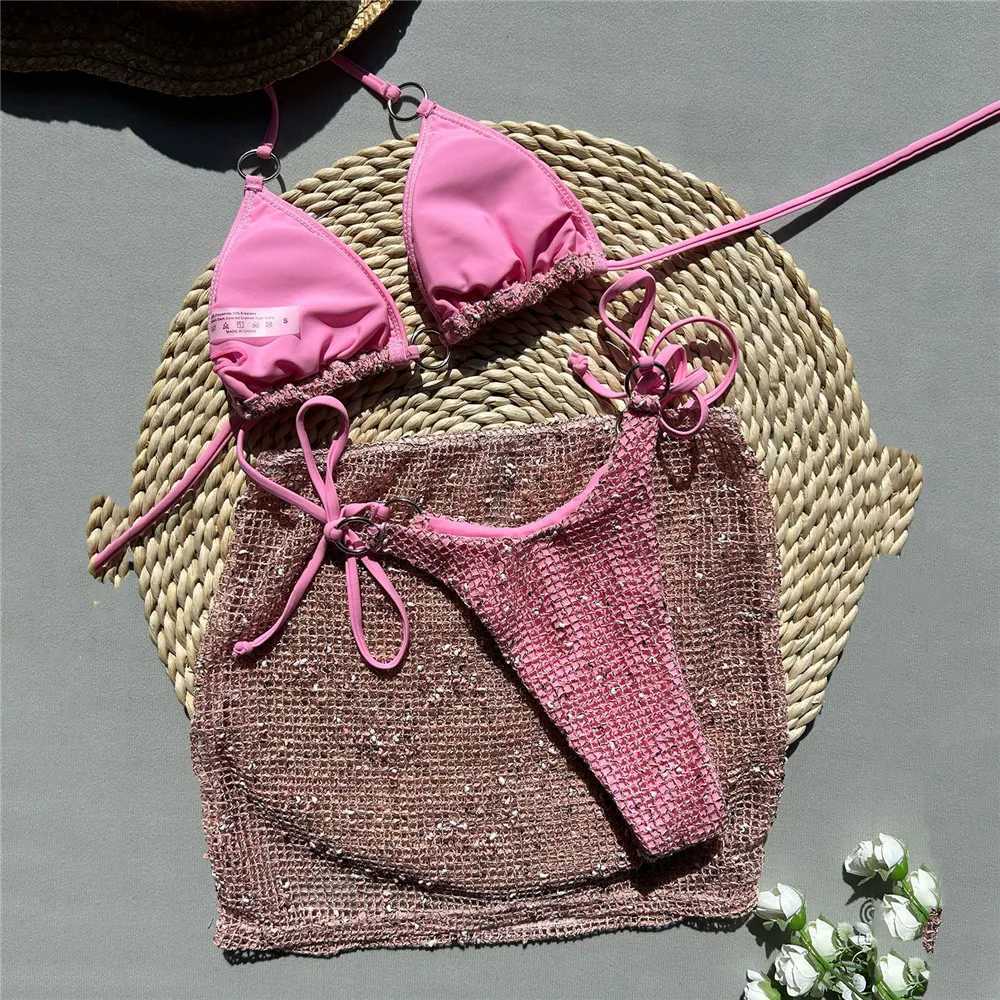 Green fishing net sexy swimsuit top womens 3-piece bikini set Damen Halter swimsuit 2025 beachwear beaded mini bikiniW241225