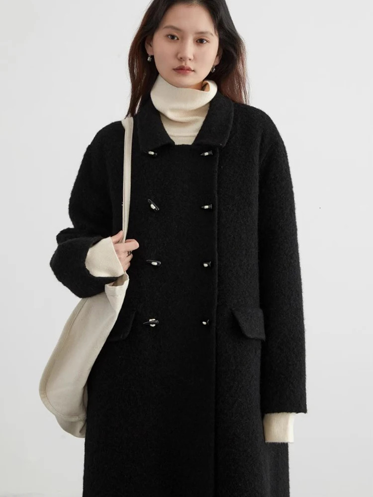 CHIC VEN Women Woolen Coats Solid Doublebreasted Loose Retro Polo Collar Wool Woman Long Ladies Coat Spring Autumn 2024 241225