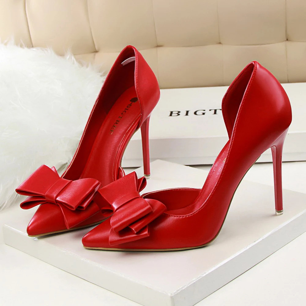 Korean Fashion Womens Shoes Wedding Bow High Heels Stiletto Heels Shallow Pointed Head Side Empty Thin Shoes 241225