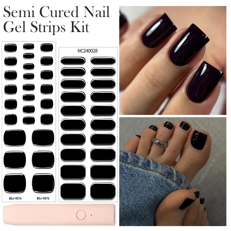 Semi Cured Gel Nail Strips Kit With Nail Lamp LED 2 In 1 White Black Foot Nail Patch Sliders UV Lamp Needed Full Cover Stciker 241225