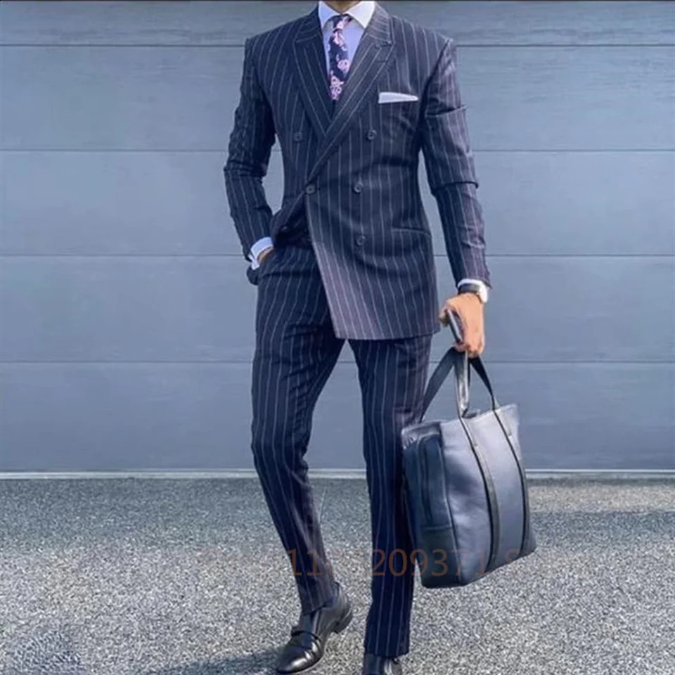 Navy Blue Striped Men Suits Slim Fit Wedding Groom Tuxedo Lapel Business Blazer 2 Piece Set Costume Homme Jacket Vest Pant 241223