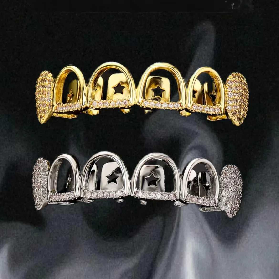 YOUNGX Hip Hop 6 Hollow CZ Stone Teeth Grillz Top 14K Gold Plated Zircon Tooth Cs For Women Jewelry Halloween Cosplay FangsXJ241225