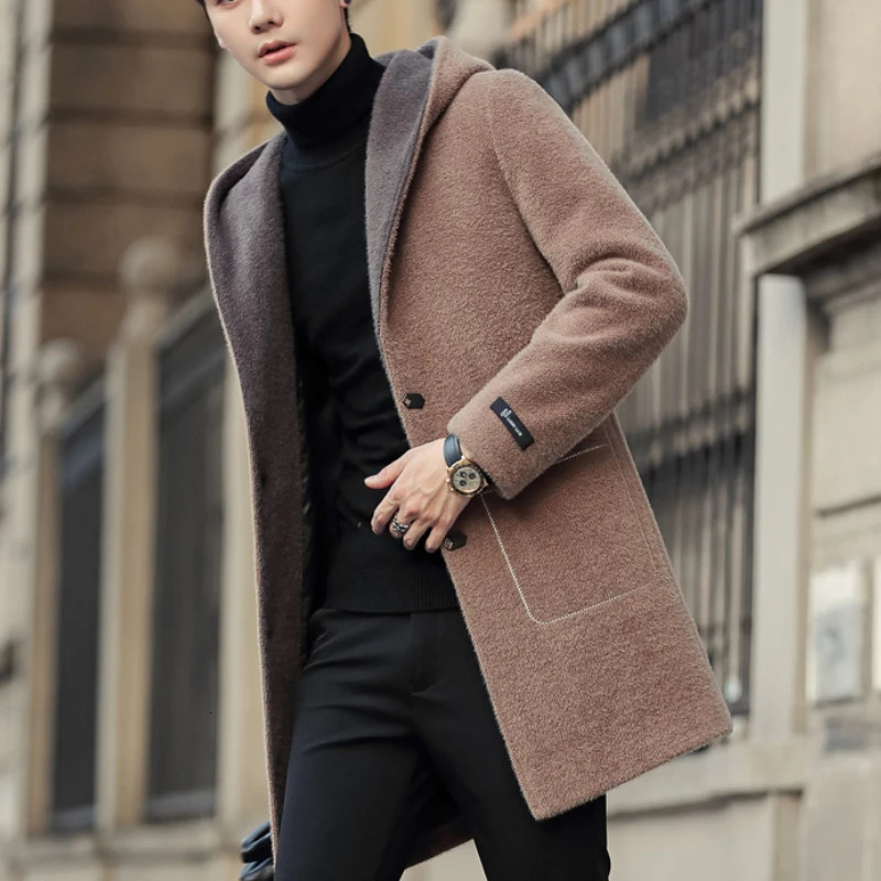 Winter Long Wool Blends Jacket Men Hooded Casual Business Trench Coat Social Streetwear Woolen Windbreaker Clothing 241225
