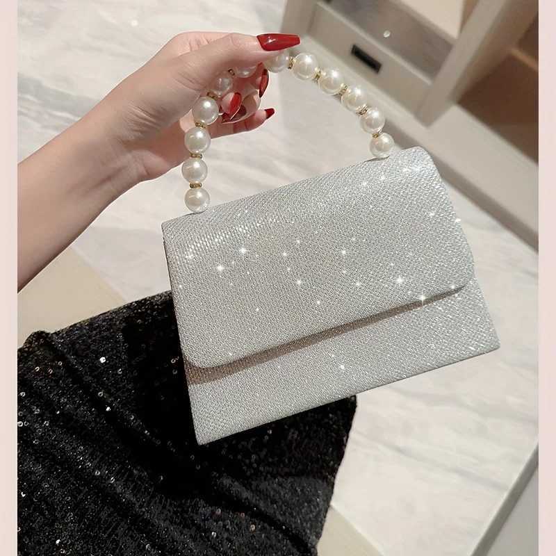 New Style Women Evening Handbag Rhine Purse Bag Square Pearl Handbag Female Shiny Flip Bridal Cluh Bag For WomenXJ250227