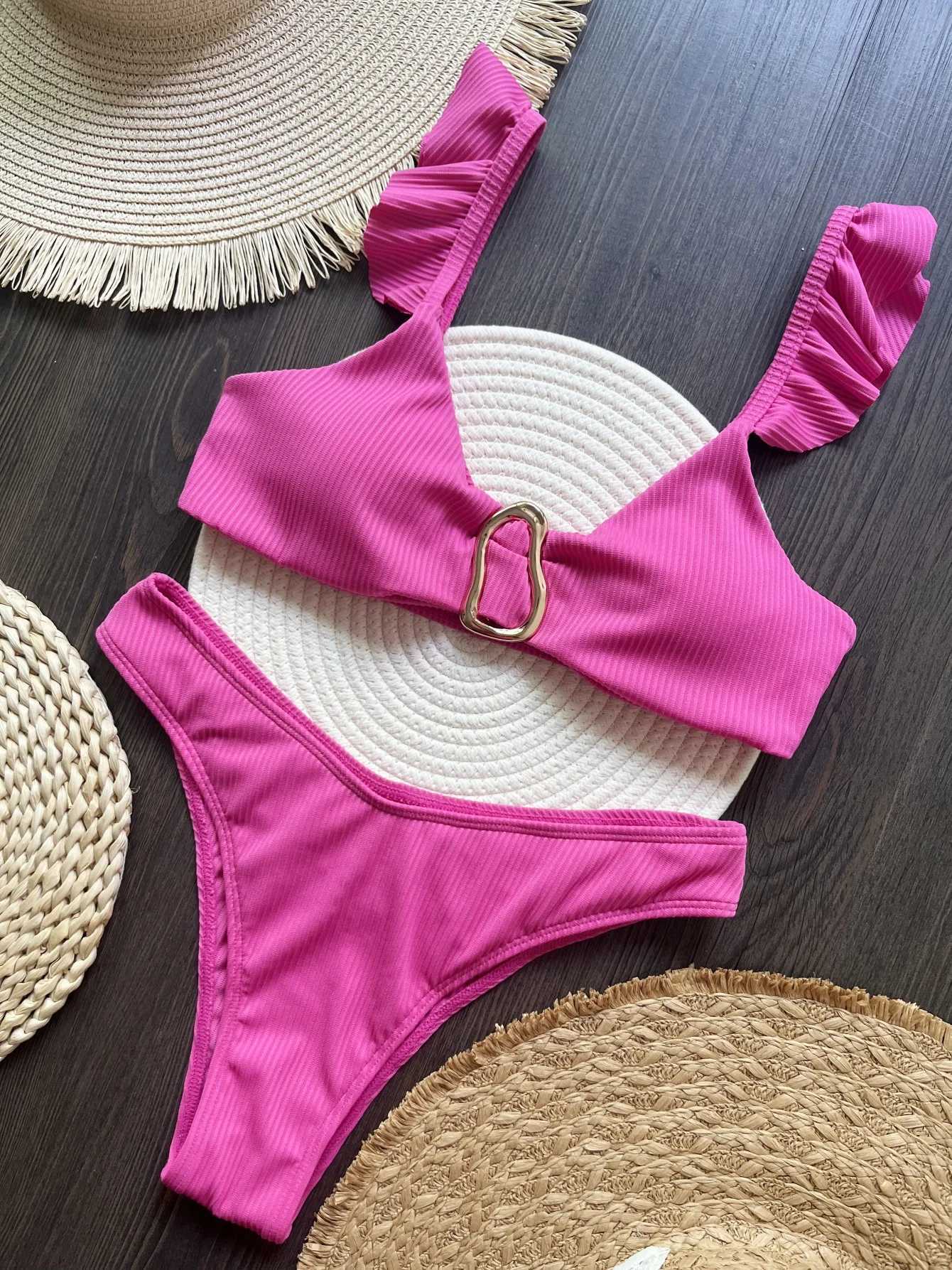 2025 new womens bikini set rose red 2-piece swimsuit womens sexy ruffled edge suspension backless beach vacation swimsuitW241225