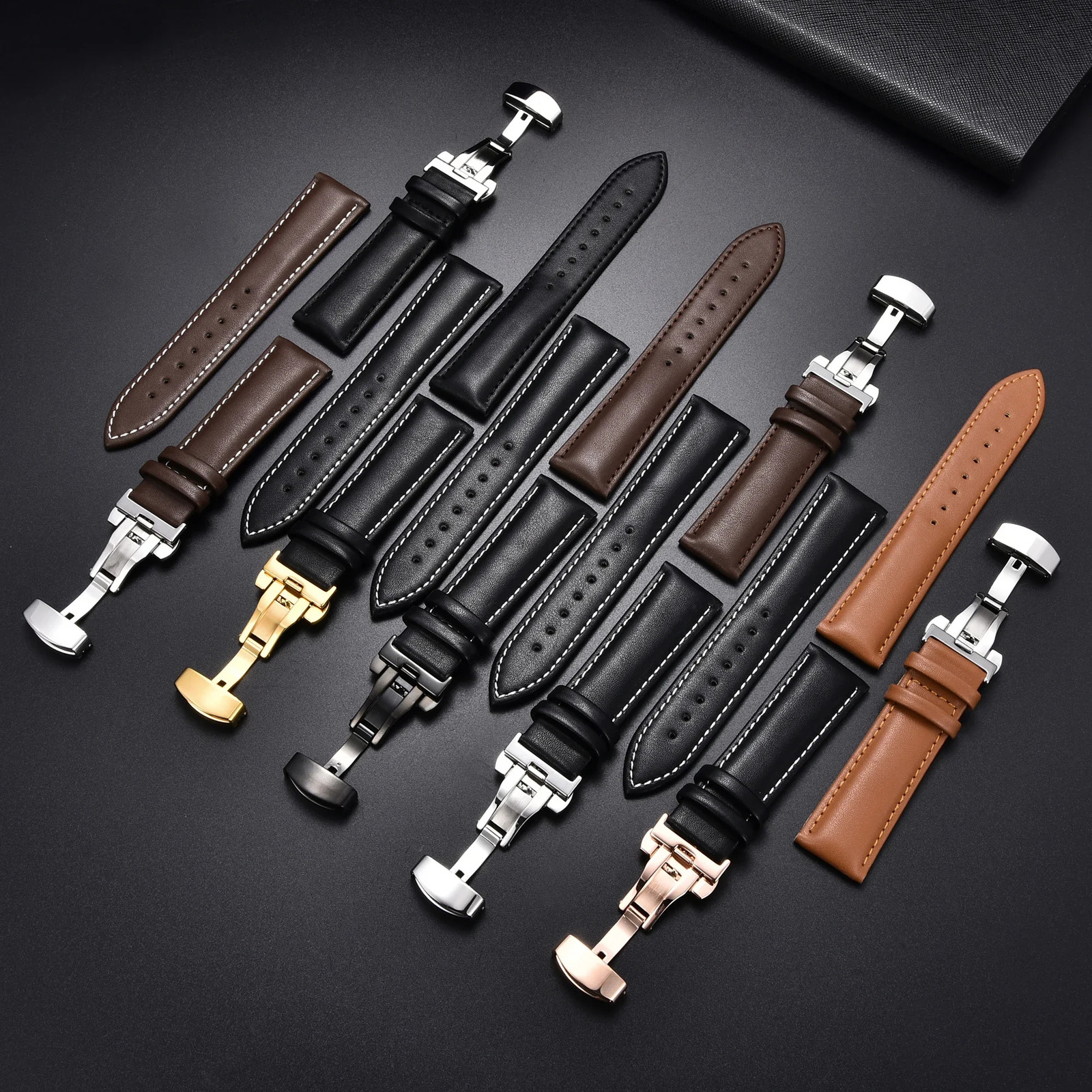 Calfskin Stainless Steel Automatic Buckle Watch Strap 18mm 20mm 22mm 24mm Mens and Womens Business Gift Box Packaging 241225