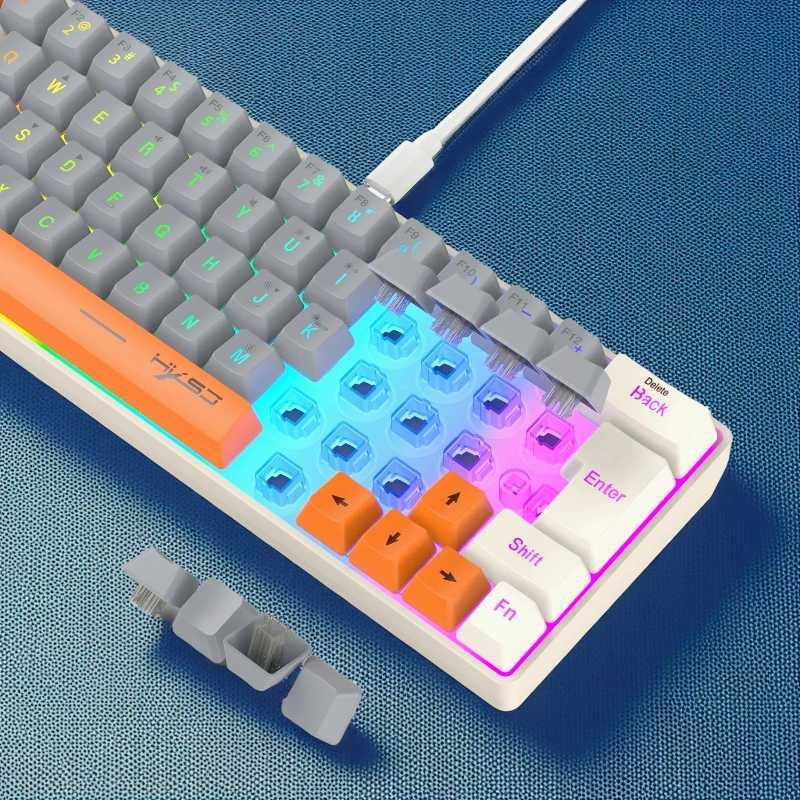 Keyboard RGB USB wired 63 keys gaming gamer compact mini pc keyboards for tripsofficegames business key board (Grey Orange)XJ241225