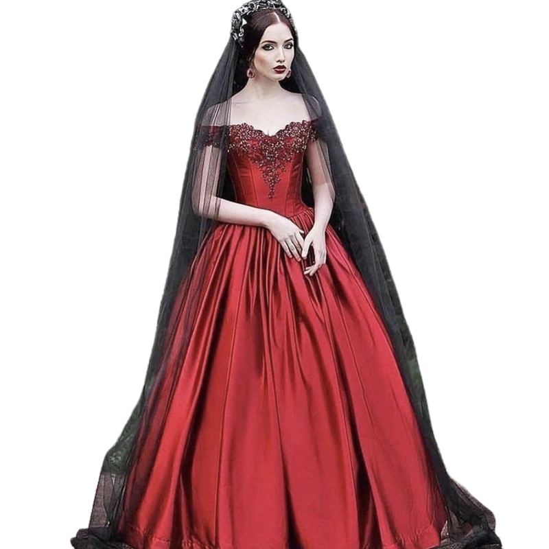 Dark Red Satin Gothic Wedding Dresses With Black Lace Appliques Beaded Off Shoulder Floor Length A Line Vintage Bridal Gowns 2025