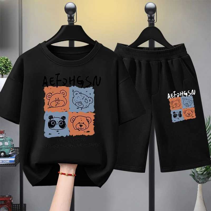 Clothing Sets Summer boys clothing set childrens and girls fashionable bear print T-shirt and shorts 2-piece set childrens casual topY241225703A