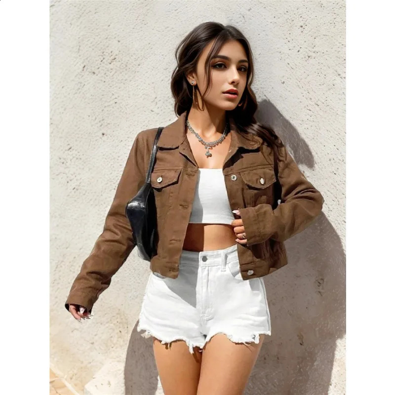 Womens denim jacket coat vintage collar American retro autumn single chest button plain coat cropped jeans cardigan sweater 241219