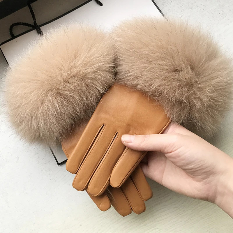 Chic Camel Color Real Big Fox Fur Womens Sheepskin Gloves Winter Plus Velvet Female Cycling Drive Warm Genuine Leather Gloves 241225