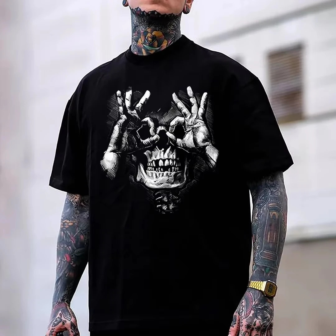 Mens T Shirt skeleton Graphic print Unholy Y2k Style Cotton Casual tee Vintage Harajuku Clothing Streetwear Oversized Loose top 241224