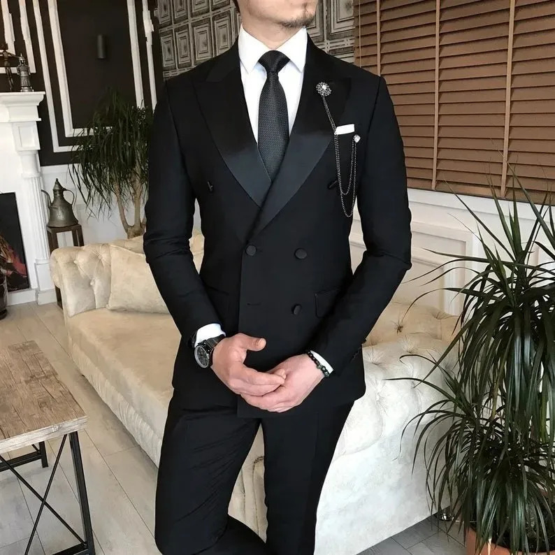 Black Suits for Men ed Lapel Double Breasted Bespoke Blazer Wedding Groom Tuxedos Prom Costume Homme 2 Pieces JacketPants 241223