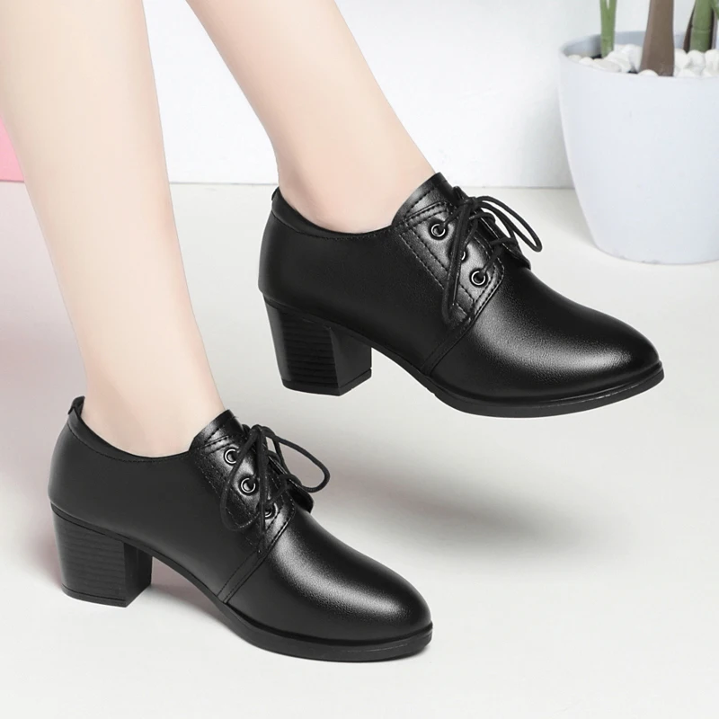 AIYUQI Women Shoes Dress Anti Slip Autumn Genuine Leather Mid Heel Women Shoes Large Lace Up Office Women Shoes