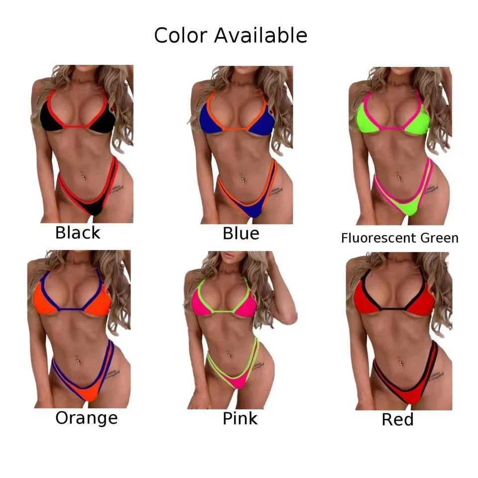 Womens sexy bikini set low waisted V-shaped thong solid color ultra-thin no pad front buckle swimsuit summer beachwearW241225