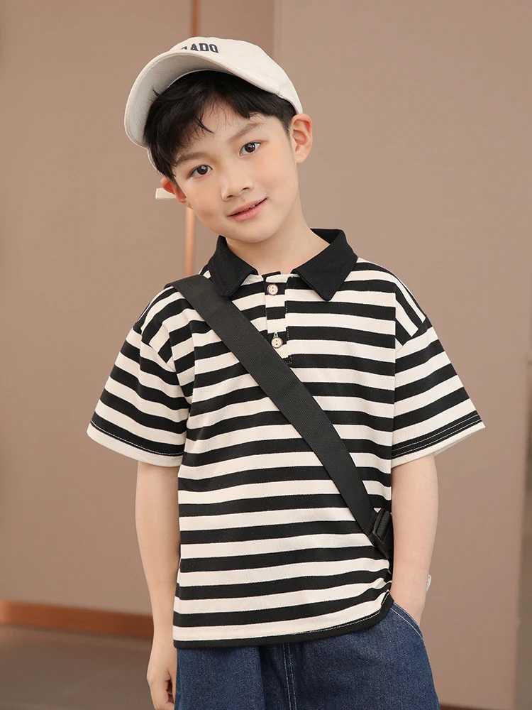 LJMOFA Boys Casual Short Sleeve Polo Shirts Kids Clothes Stripes Turn-down Collar Summer Cotton Toddler Sports T-shirt D436XJ241225