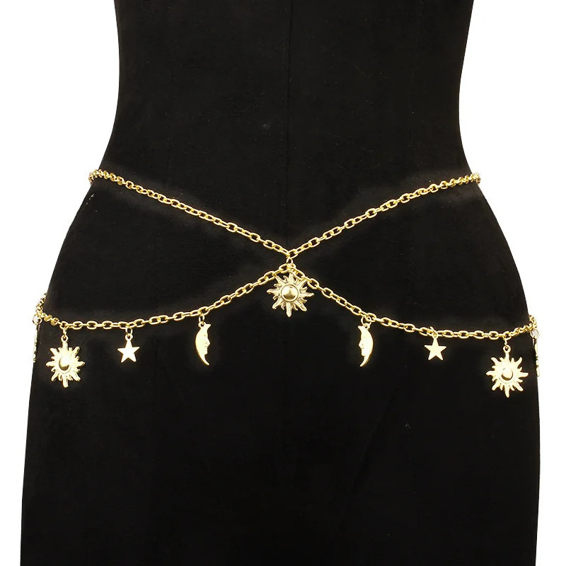 Hip Hop Fashion Metal Star Moon Double Layer Chain Sexy Pants Chain Body Fashion Sexy Adjustable Waist Chain 241225