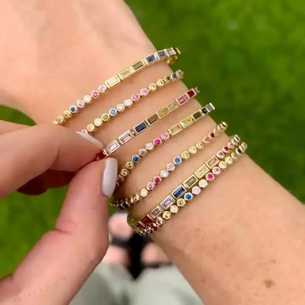 Promotion Iced Out Bling Women Girl Jewelry Geometric Rectangle Round 5A Cubic Zirconia Colorful CZ Tennis Chain Bracelet Bangle 241225