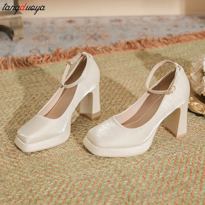 Platform high heels women chunky heels Mary Jane shoes Elegant satin square head Wedding shoes women Ankle buckle single shoes 241225
