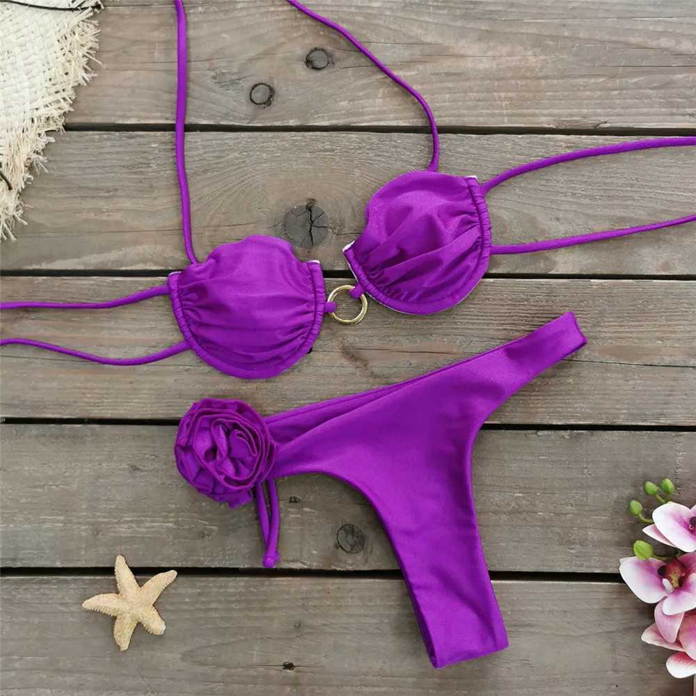 3D floral push up bikini set bead suspender swimsuit mini thong sexy swimsuit womens metal ring swimsuit bikini 2024 MuejerW241225