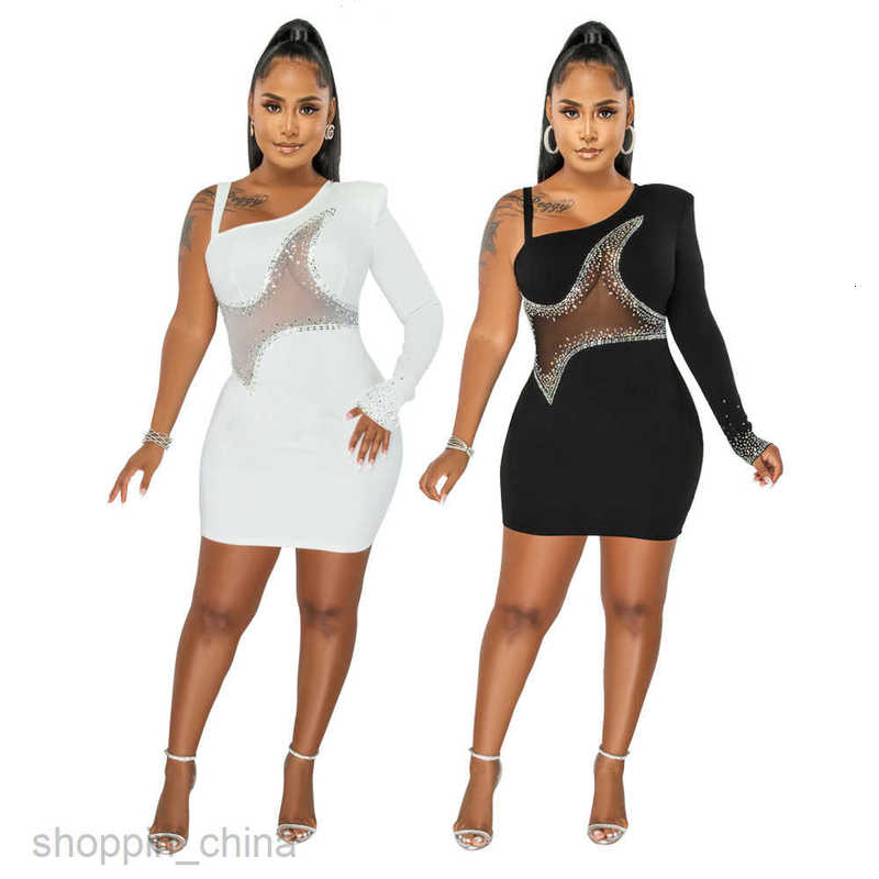 women dresses fashion one shoulder long sleeve perspective mesh stitched straight cloth hot drill buttock dress women