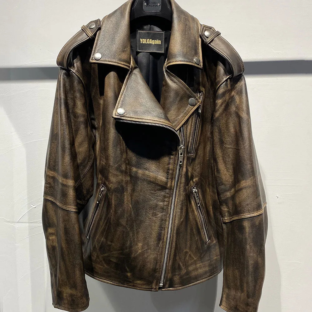 YOLOAgain 2023 Autumn Oversized Vintage Moto Biker Leather Jacket Women High Quality Real Ladies 241225